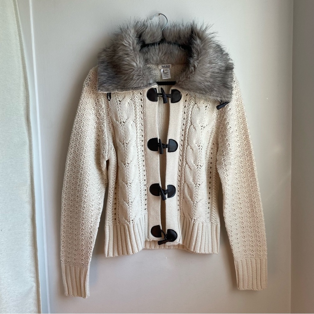 Faux Fur Collar Cardigan Sweater Leather Toggle Buttons-size L